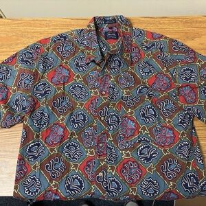 Men's Casual Button Down Shirt - Blue and Red Pattern